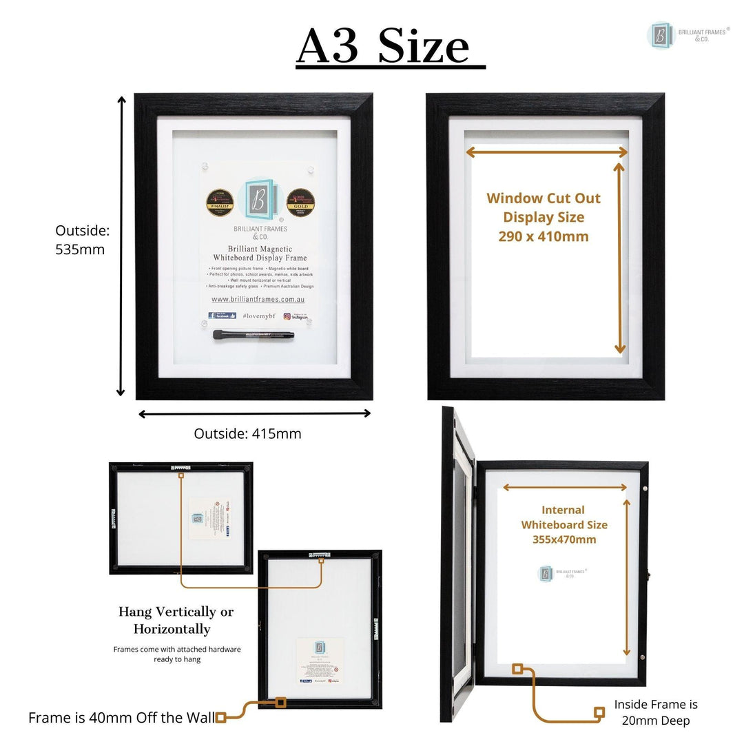 A3 Brilliant Frame in oak, white, or black – magnetic front-opening frame for artwork, medals, and certificates.