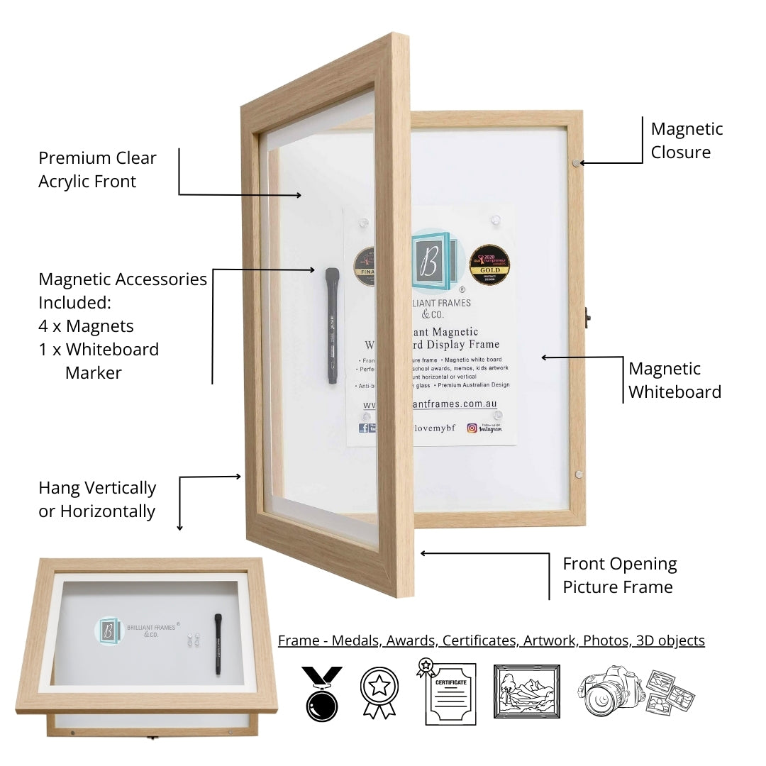 A3 Oak Front Opening Picture Frame + Magnetic Whiteboard