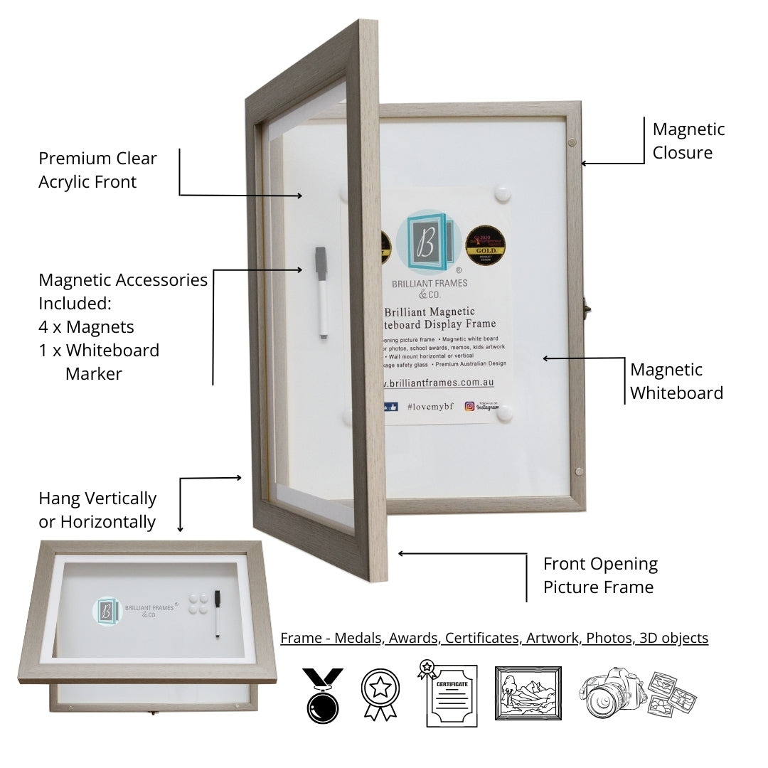 A4 GREY Front Opening Picture Frame + Magnetic Whiteboard