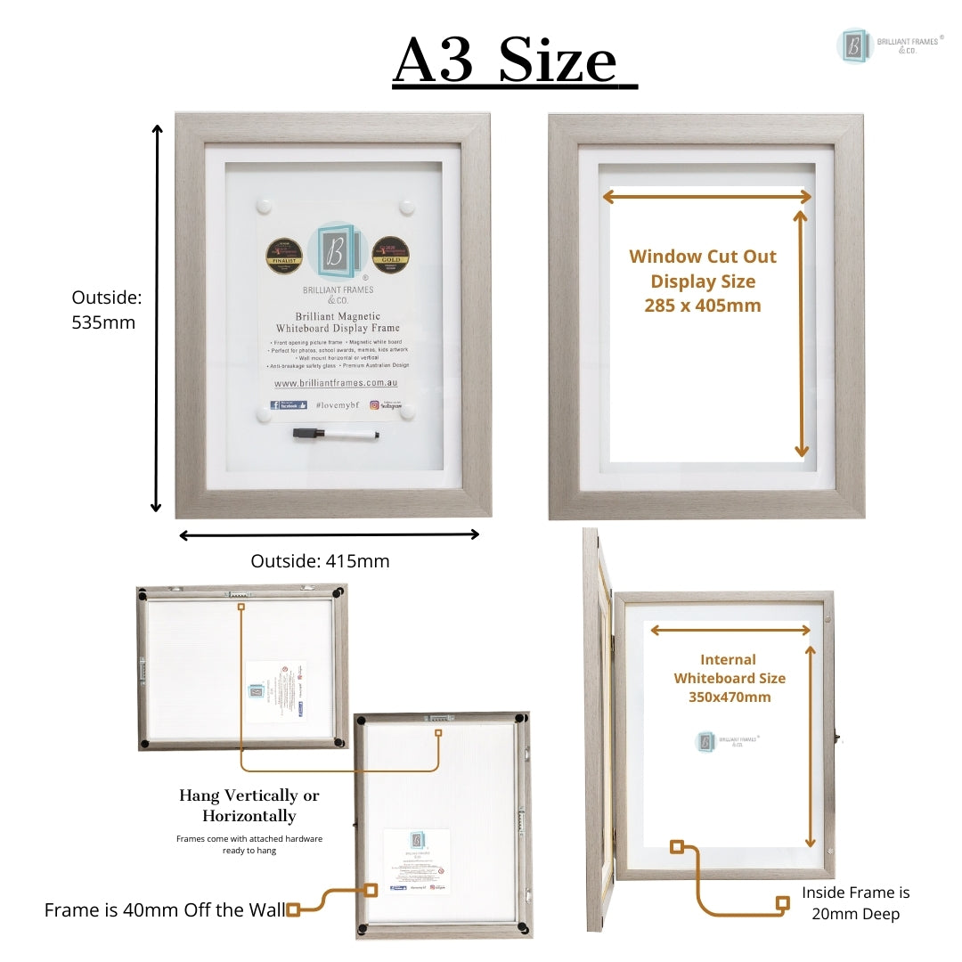 A3 Grey Front Opening Picture Frame + Magnetic Whiteboard