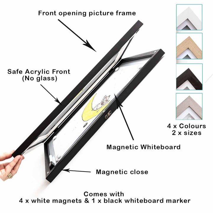 A3 Brilliant Frame in oak, white, or black – magnetic front-opening frame for artwork, medals, and certificates.
