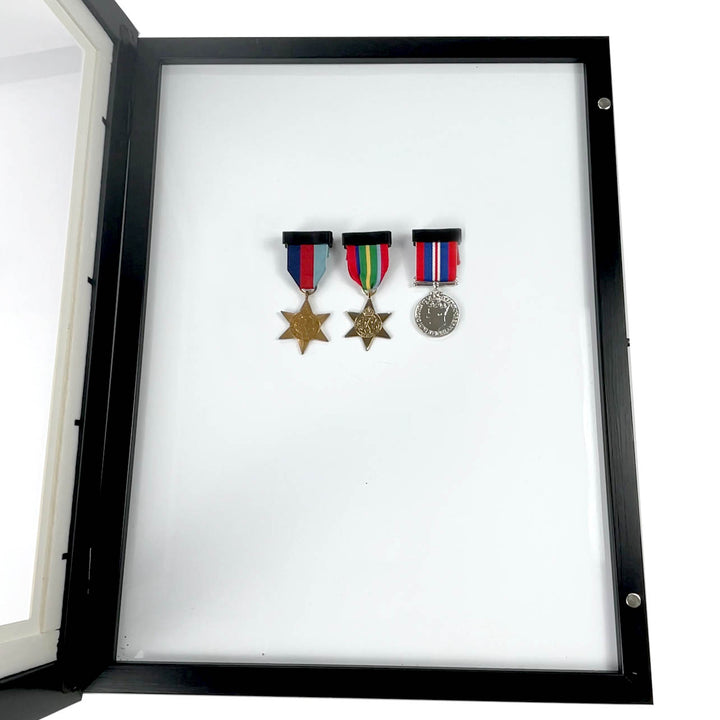 Set of 3 black ribbon magnetic medal holders – for displaying medals with ribbon loops.
